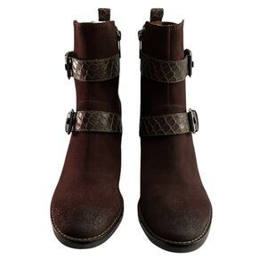 DONALD PLINER BOOTS, Womenโs Sz 6.5, Brown Suede & Leather โDahlincsโ Boots, NEW
